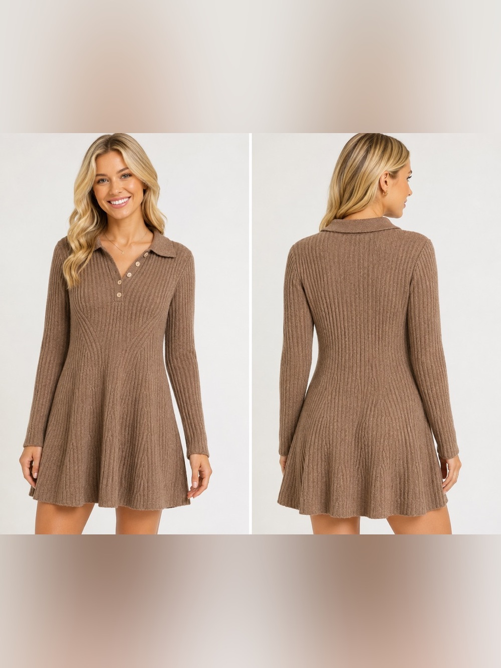 &merci Ribbed Polo Knit Long-Sleeve Sweater Dress in Brown new no tags